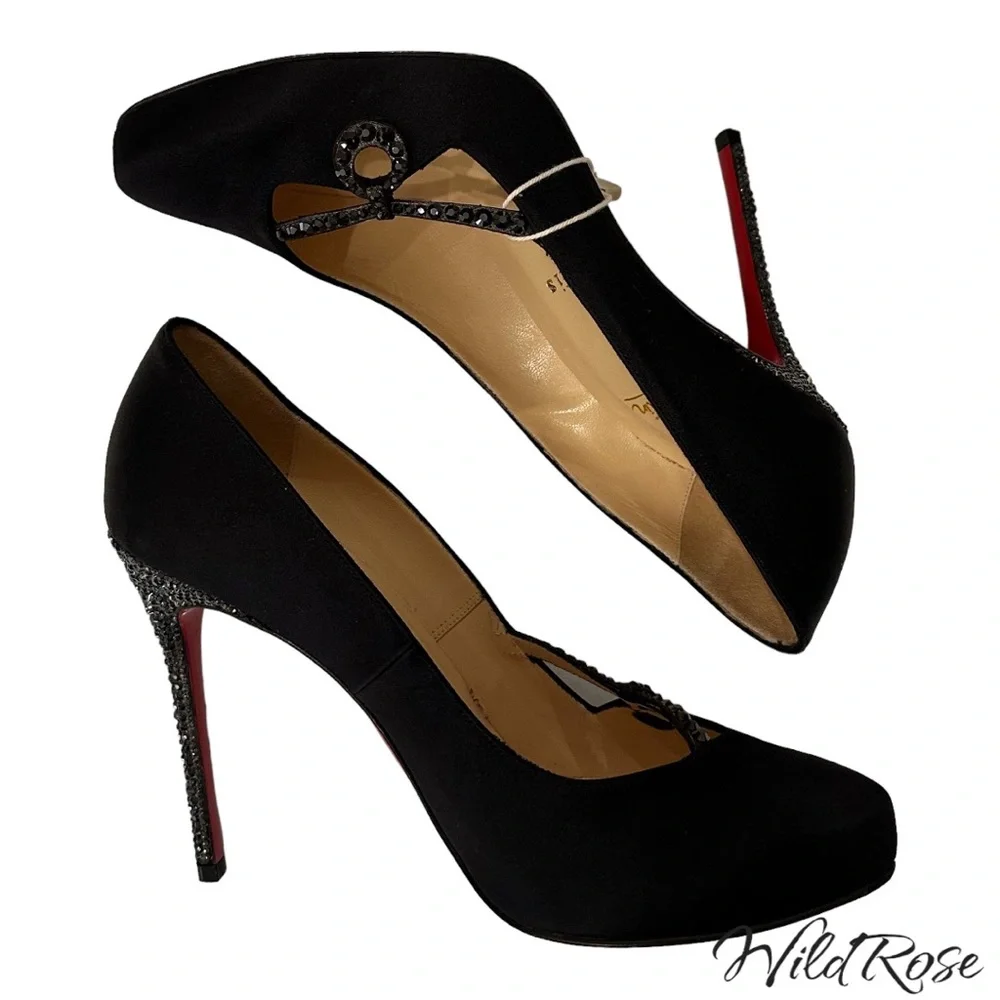 CHRISTIAN LOUBOUTIN Black Satin Rhinestone Embellished Heels SZ 38 - Picture 11 of 15